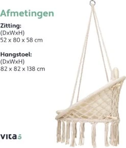 Vita5 Macramé Hangstoel - Voor Binnen En Buiten - Zonder Standaard - Incl. Kussen, Boekenvak En Beschermhoes - Tot 150kg - Beige -Camping Series Winkel 1020x1200