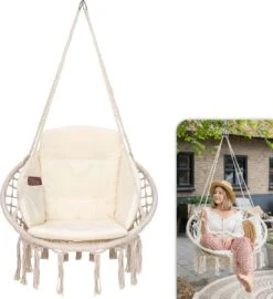 Vita5 Macramé Hangstoel - Voor Binnen En Buiten - Zonder Standaard - Incl. Kussen, Boekenvak En Beschermhoes - Tot 150kg - Beige