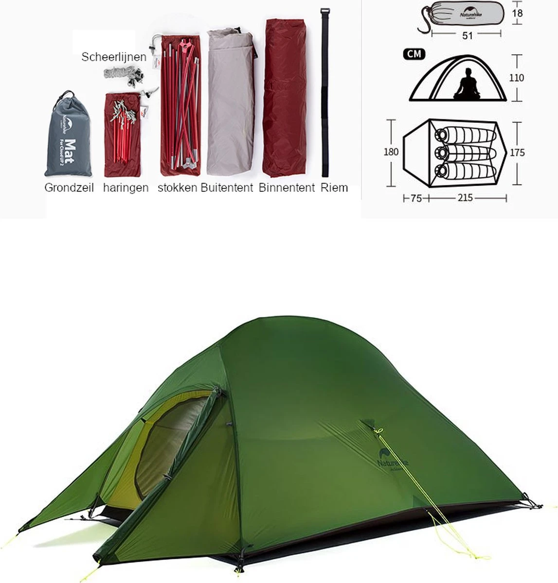 Cloud Up 3 Upgraded - Naturehike® - Tent 3 Persoons - Lichtgewicht Tent - Incl. Grondzeil - 20D 4000MM - Outdoor Kampeertent - Waterdicht - Hiking & Wandelen 10 Cloud Up 3 Upgraded - Naturehike® - Tent 3 Persoons - Lichtgewicht Tent - Incl. Grondzeil - 20D 4000MM - Outdoor Kampeertent - Waterdicht - Hiking & Wandelen - Afbeelding 8