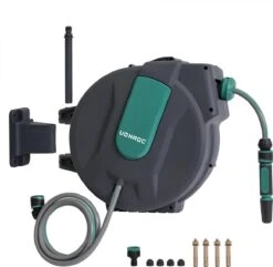 VONROC Automatische Slanghaspel – Incl. 25m Tuinslang, Aansluitslang, Spuitstuk, Koppelingen & Kraanaansluiting -Camping Series Winkel 1200x1170 2