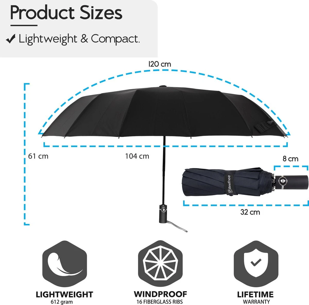 Beefree Automatische MONSTER Stormparaplu Met 16 Panelen Ø 104 Cm - Zwart 6 Beefree Automatische MONSTER Stormparaplu Met 16 Panelen Ø 104 Cm - Zwart - Afbeelding 4