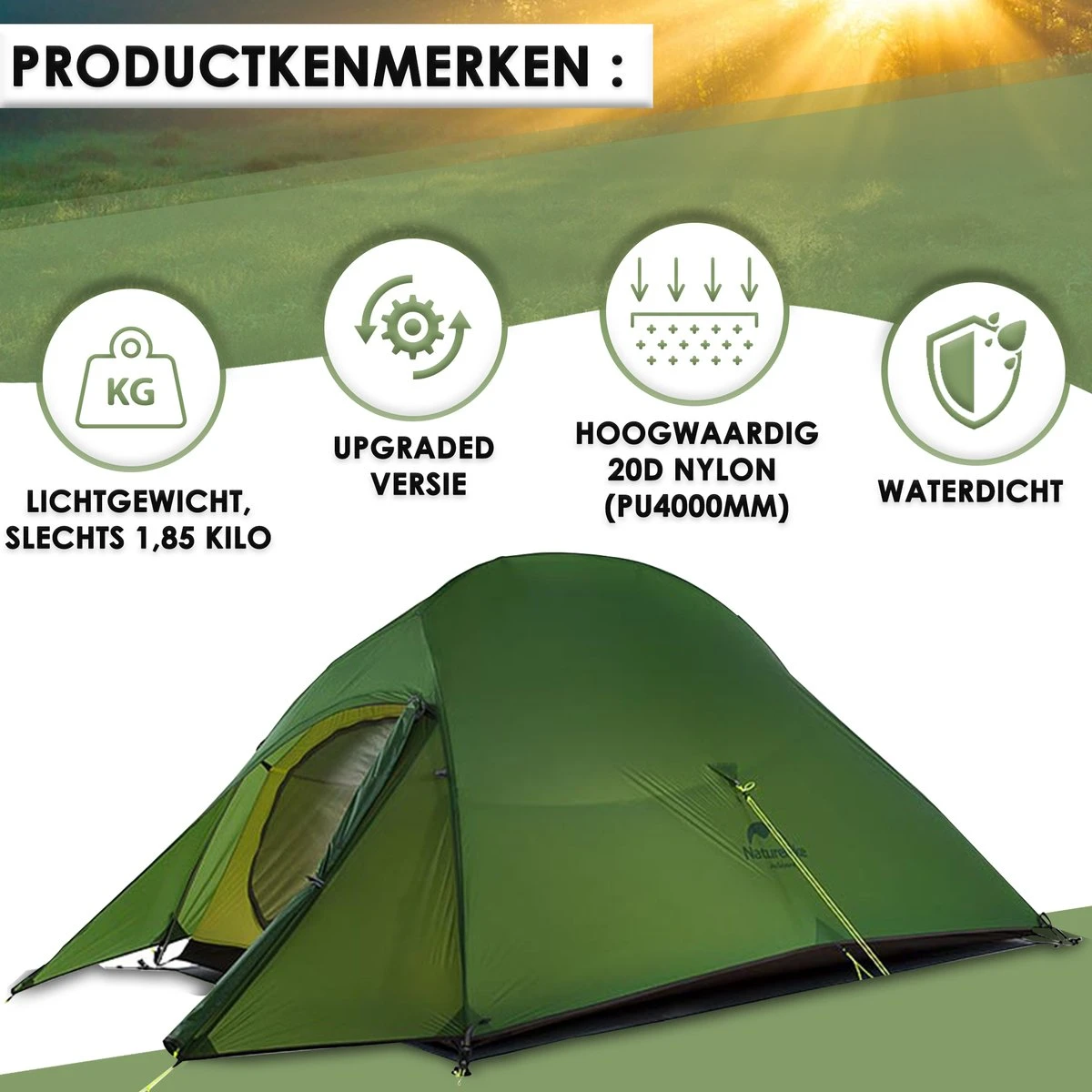 Cloud Up 3 Upgraded - Naturehike® - Tent 3 Persoons - Lichtgewicht Tent - Incl. Grondzeil - 20D 4000MM - Outdoor Kampeertent - Waterdicht - Hiking & Wandelen 5 Cloud Up 3 Upgraded - Naturehike® - Tent 3 Persoons - Lichtgewicht Tent - Incl. Grondzeil - 20D 4000MM - Outdoor Kampeertent - Waterdicht - Hiking & Wandelen - Afbeelding 3