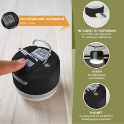 Skandika Campinglamp Tarfala – Tentlampen – Campinglampen – Kampeerlamp – Tentlamp Oplaadbaar, Traploos Dimbaar, Ophanghaak, USB Aansluiting – 3600 MAh Powerbank – Warm Wit, Koel Wit, 110 H Batterij – Tentlamp Buiten – Energieklasse A ++ - Zwart -Camping Series Winkel 1200x1200 139