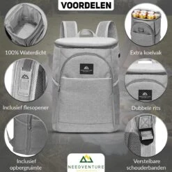 Needventure Koeltas - Lunchtas - Koelrugtas - Picknicktas - 20 Liter - Flessenhouder - Bieropener - Grijs -Camping Series Winkel 1200x1200 164