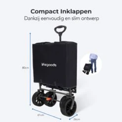 LifeGoods Bolderkar - Opvouwbaar - Tot 120KG - 103L - Extra Draagtas En Duwstang - Wasbaar Polyester - 98x45cm - Zwart/Grijs -Camping Series Winkel 1200x1200 294