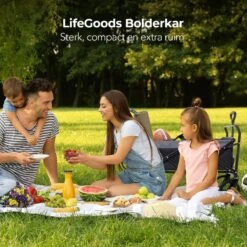 LifeGoods Bolderkar - Opvouwbaar - Tot 120KG - 103L - Extra Draagtas En Duwstang - Wasbaar Polyester - 98x45cm - Zwart/Grijs -Camping Series Winkel 1200x1200 300