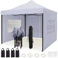 LifeGoods Partytent - 3x3 M - Zijwanden - Easy Up - Opvouwbaar - Waterdicht - Draagtas Met Wieltjes - Donkergrijs