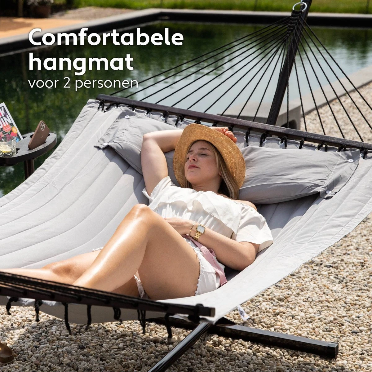 Vita5 Hangmat Met Standaard En Spreidstok – 2 Persoons – Incl. Bekerhouder - Afneembaar Kussen – Uv-bestendig – Lichtgrijs 6 Vita5 Hangmat Met Standaard En Spreidstok – 2 Persoons – Incl. Bekerhouder - Afneembaar Kussen – Uv-bestendig – Lichtgrijs - Afbeelding 4