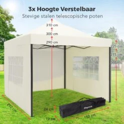 LifeGoods Partytent - 3x3 M - Zijwanden - Easy Up - Opvouwbaar - Waterdicht - Draagtas Met Wieltjes - Beige -Camping Series Winkel 1200x1200 509