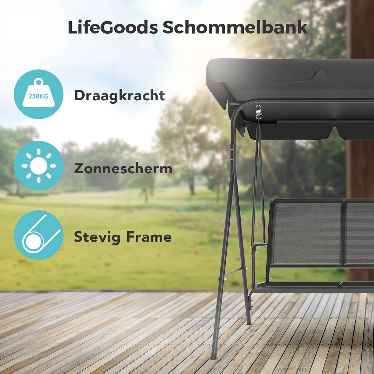 LifeGoods Schommelbank - 3-zits - Tot 250KG - Kantelbaar Dak - UV-bestendig Zonnescherm - 172x104x162cm - Grijs 4 LifeGoods Schommelbank - 3-zits - Tot 250KG - Kantelbaar Dak - UV-bestendig Zonnescherm - 172x104x162cm - Grijs - Afbeelding 2