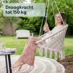 Vita5 Macramé Hangstoel - Voor Binnen En Buiten - Zonder Standaard - Incl. Kussen, Boekenvak En Beschermhoes - Tot 150kg - Beige -Camping Series Winkel 1200x1200 608
