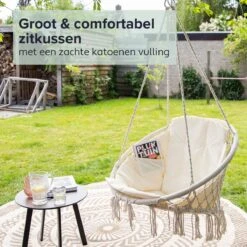 Vita5 Macramé Hangstoel - Voor Binnen En Buiten - Zonder Standaard - Incl. Kussen, Boekenvak En Beschermhoes - Tot 150kg - Beige -Camping Series Winkel 1200x1200 610