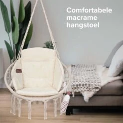 Vita5 Macramé Hangstoel - Voor Binnen En Buiten - Zonder Standaard - Incl. Kussen, Boekenvak En Beschermhoes - Tot 150kg - Beige -Camping Series Winkel 1200x1200 611