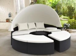 Casaria Polyrattan Zonne-Eiland Ø185cm – Incl. Kussens - Zwart Crème -Camping Series Winkel 1200x890