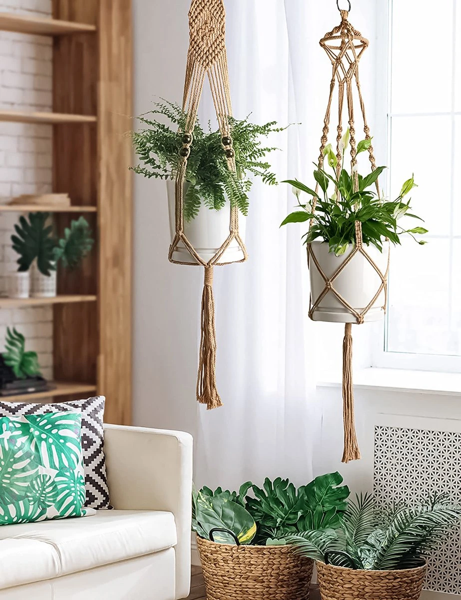 4 Stuks Luxe Jute Plantenhangers - Boho Handgeweven Katoen Hangpot Voor Binnen/Buiten - Hangende Bloempot Met Kralen - Macramé Touw/Koord Hangplant Houder - Bohemian Wandhanger Decoratie - Plant Hanger - Verticale Tuin Bloempothouder Planthanger 4 4 Stuks Luxe Jute Plantenhangers - Boho Handgeweven Katoen Hangpot Voor Binnen/Buiten - Hangende Bloempot Met Kralen - Macramé Touw/Koord Hangplant Houder - Bohemian Wandhanger Decoratie - Plant Hanger - Verticale Tuin Bloempothouder Planthanger - Afbeelding 2
